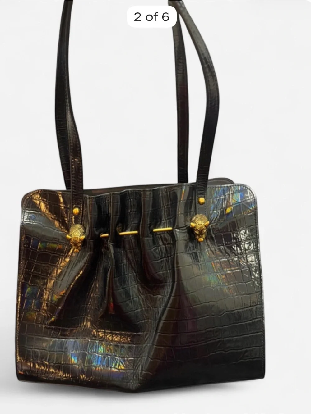 Sharif Black Croc-Embossed Shoulder Bag with Gold Accents